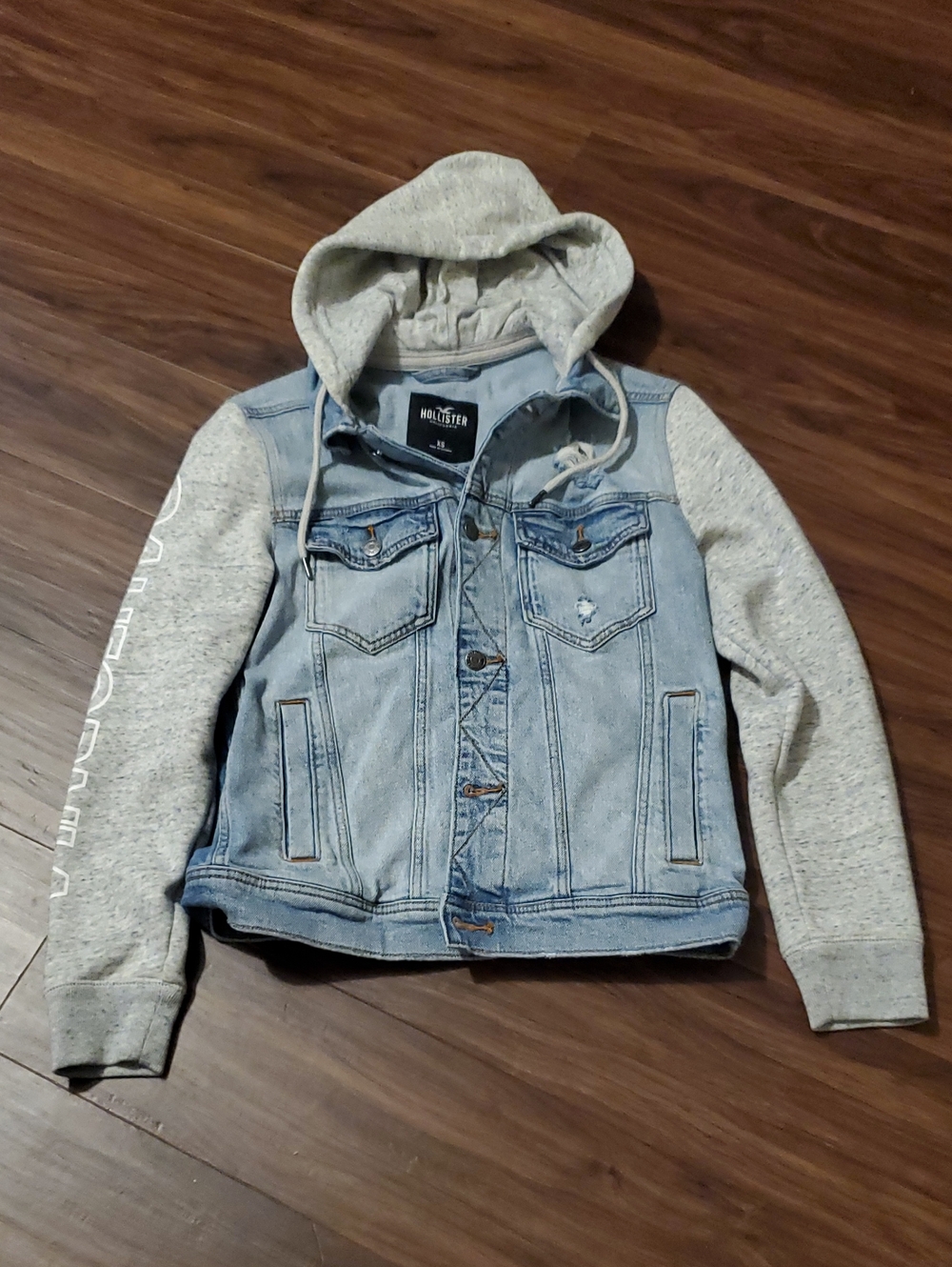 Hollister Light Wash Denim Jacket with Gray Hooded Sleeves